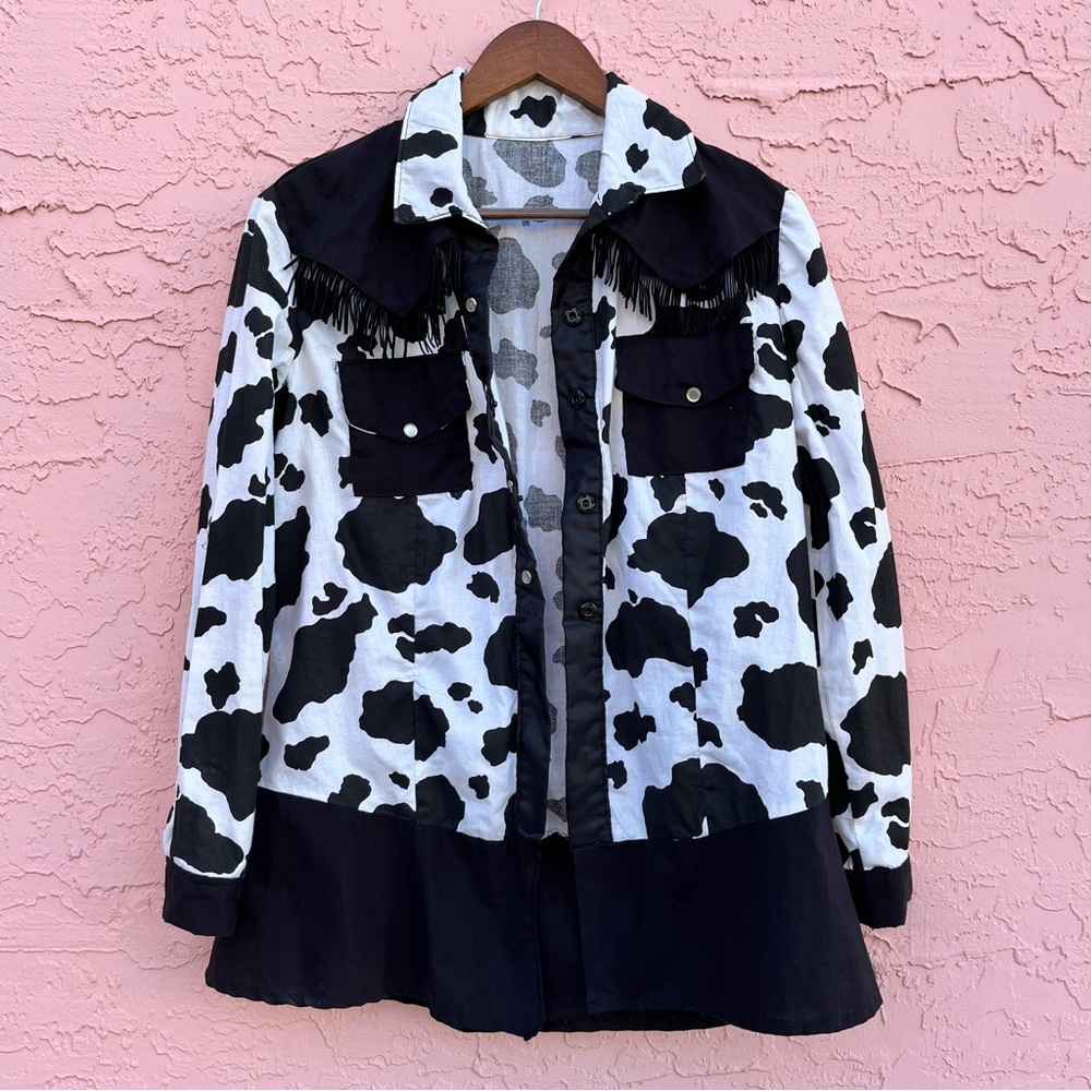 Handmade Western Cow Print Fringe Button Up Shirt
